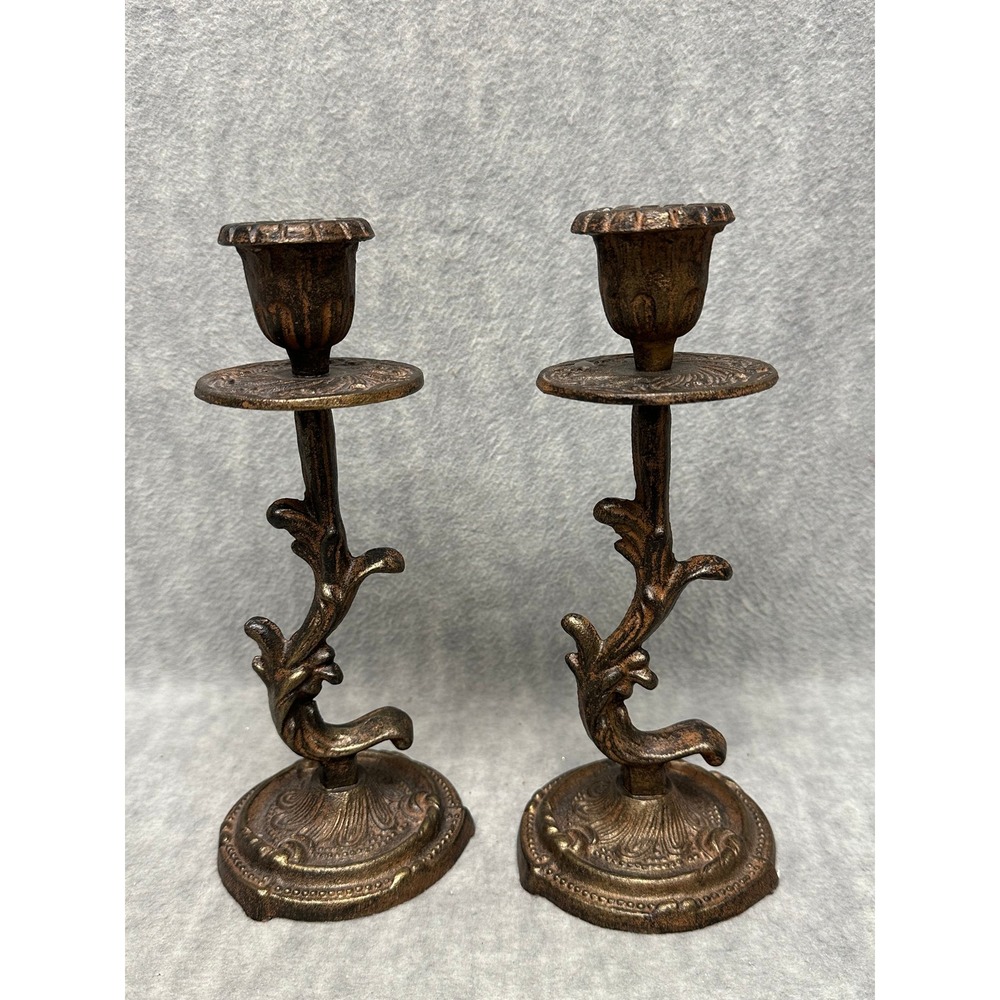 VTG Pair of Candlestick Holders Cast Iron 9" Ornate Acanthus Leaf Pair